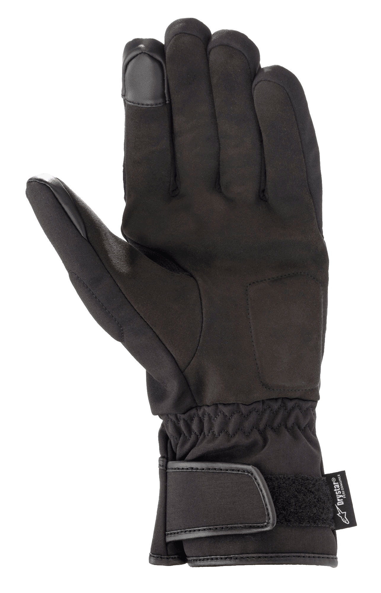 Gants Alpinestars SR-3 V2 Drystar®, gants de moto imperméables, noir, vue de la paume en cuir synthétique, manchette avec fermeture velcro et bouts de doigts compatibles avec les écrans tactiles