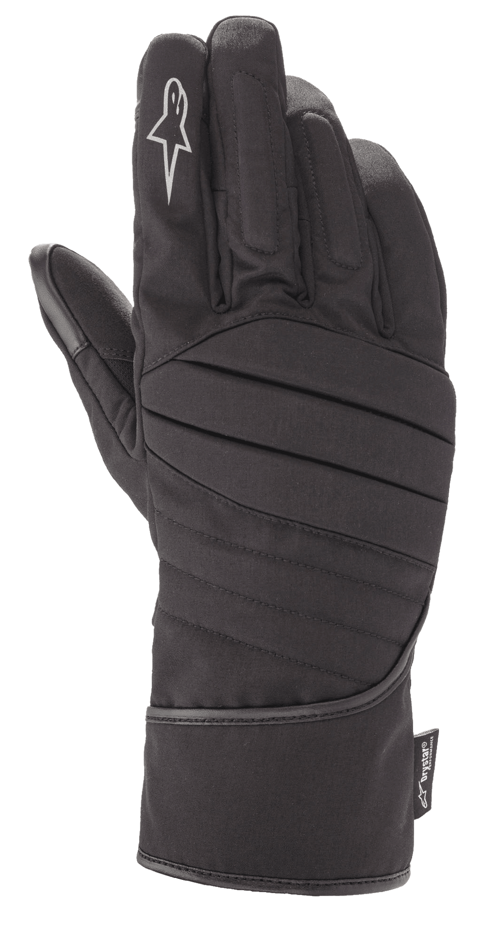 Gants Alpinestars SR-3 V2 Drystar®, gants de moto touring noirs imperméables, style manchette avec dos de la main rembourré et nervuré, logo étoile blanc sur l'index et étiquette de performance Drystar®
