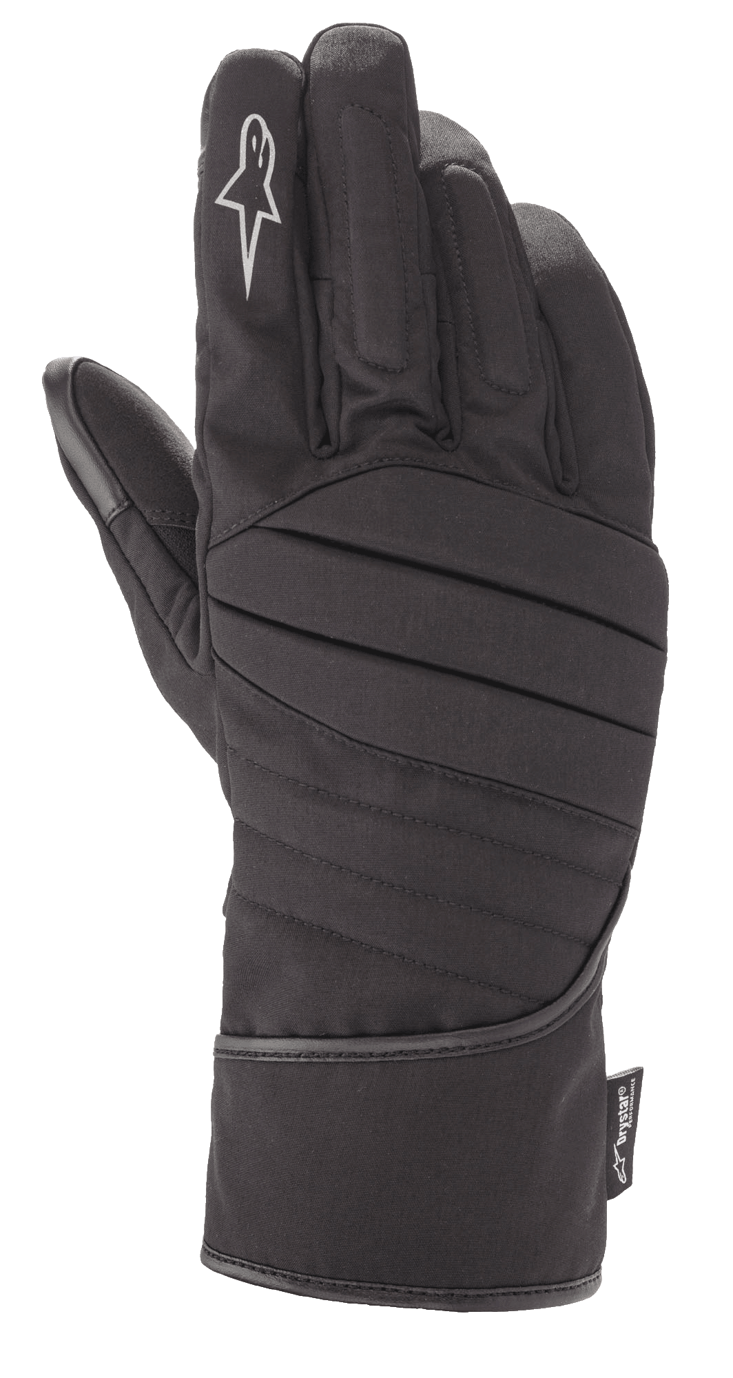 Gants Alpinestars SR-3 V2 Drystar®, gants de moto touring noirs imperméables, style manchette avec dos de la main rembourré et nervuré, logo étoile blanc sur l'index et étiquette de performance Drystar®