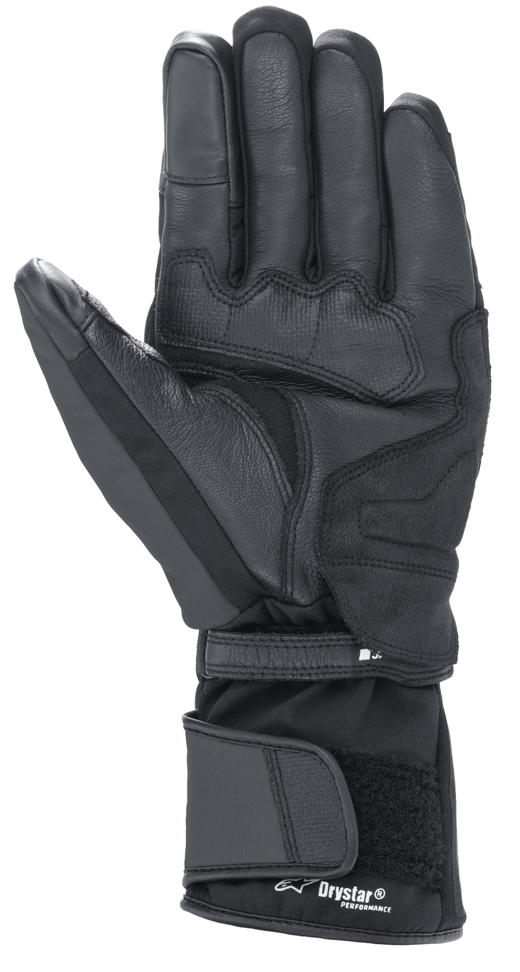Gants Alpinestars Denali Aerogel Drystar®, noirs, vue de la paume présentant des empiècements en matériau renforcé, un grip texturé sur les doigts et une manchette longue réglable avec marquage Drystar® Performance, équipement de moto d'hiver pour l'aventure touring