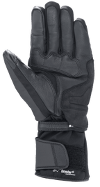 Gants Alpinestars Denali Aerogel Drystar®, noirs, vue de la paume présentant des empiècements en matériau renforcé, un grip texturé sur les doigts et une manchette longue réglable avec marquage Drystar® Performance, équipement de moto d'hiver pour l'aventure touring