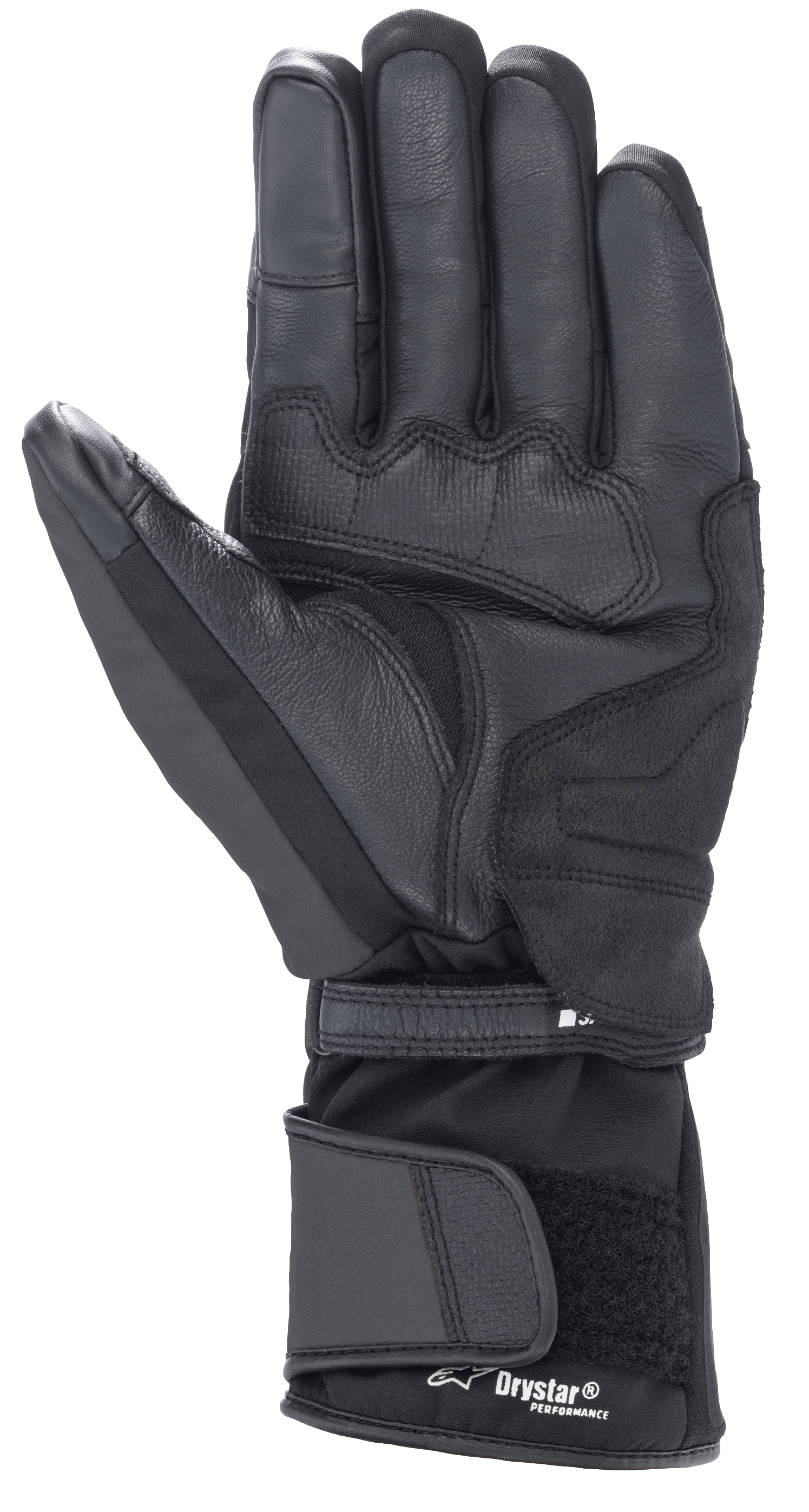 Gants Alpinestars Denali Aerogel Drystar®, noirs, vue de la paume présentant des empiècements en matériau renforcé, un grip texturé sur les doigts et une manchette longue réglable avec marquage Drystar® Performance, équipement de moto d'hiver pour l'aventure touring