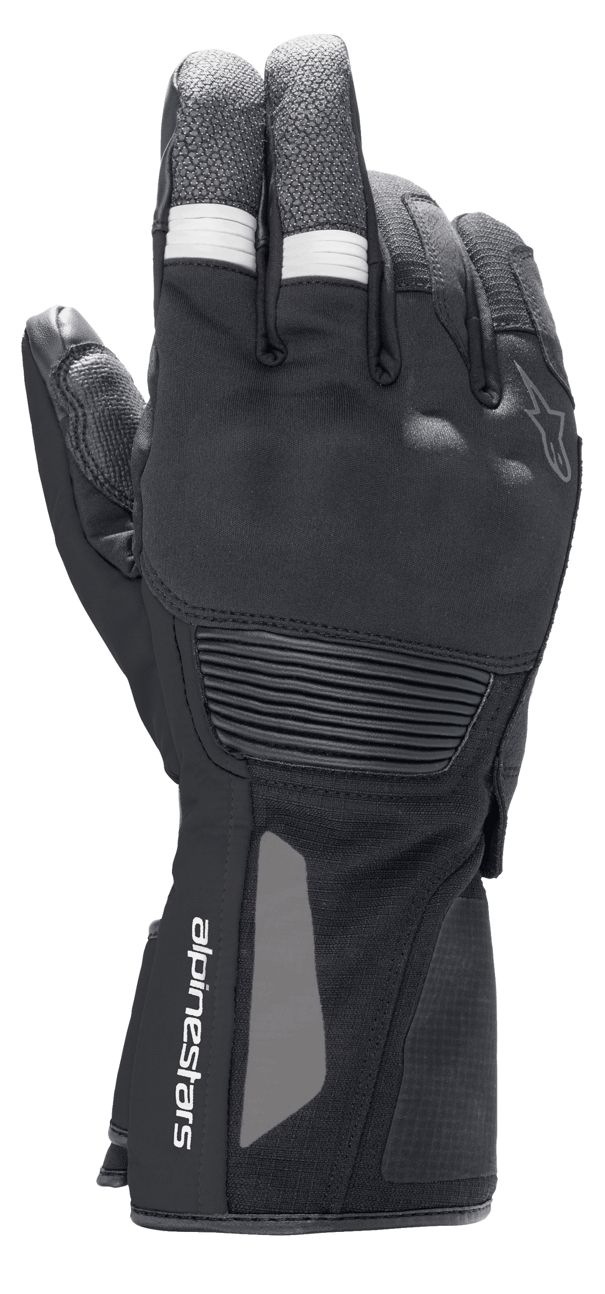 Alpinestars Denali Aerogel Drystar® Gloves, Motorcycle Adventure Touring Gloves, Black with white ribbed finger accents, molded knuckle protection and wrist branding, technical multi-material construction for cold weather performance