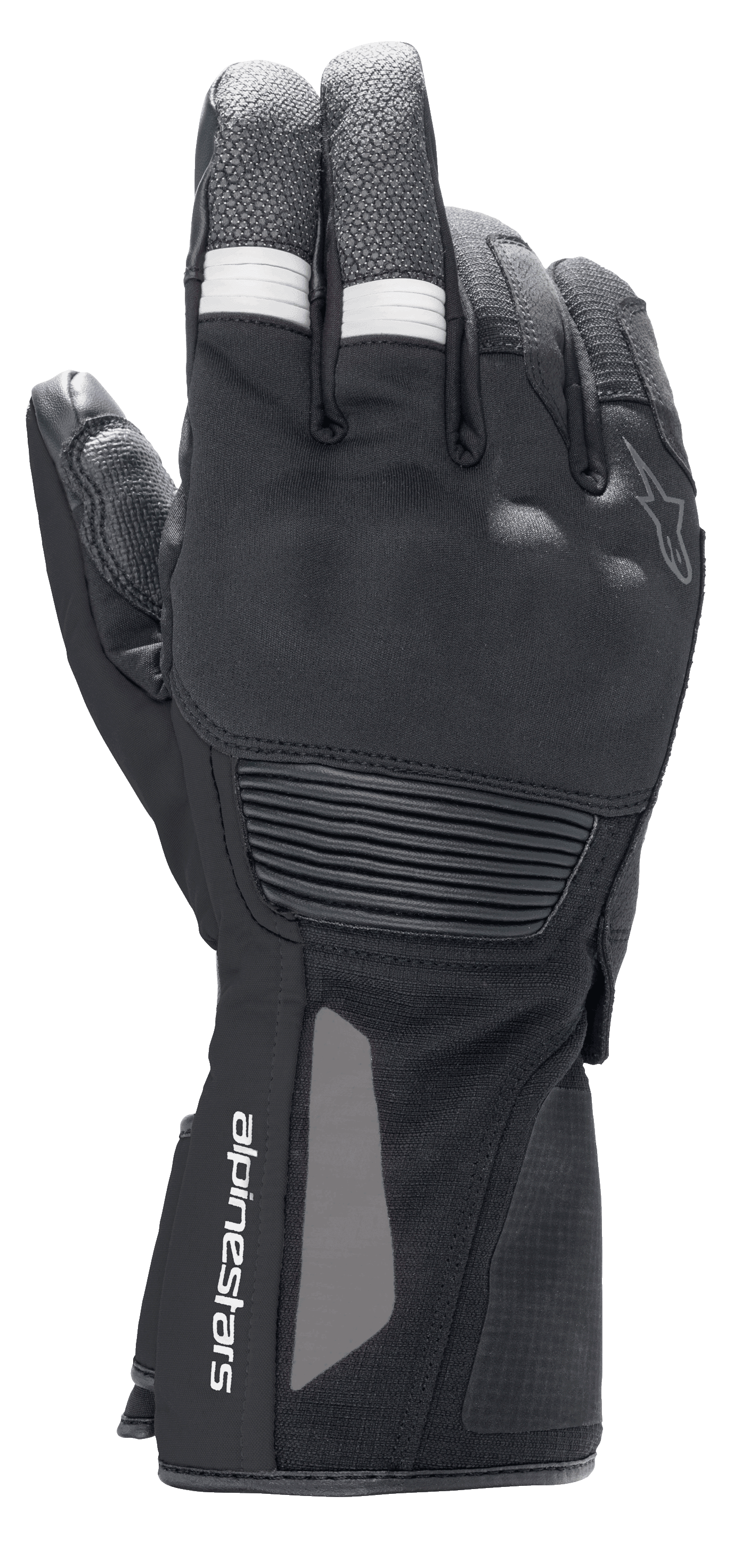 Gants Alpinestars Denali Aerogel Drystar®, gants de moto adventure touring, noirs avec accents nervurés blancs sur les doigts, protection des articulations moulée et marquage sur le poignet, construction technique multi-matériaux pour la performance par temps froid