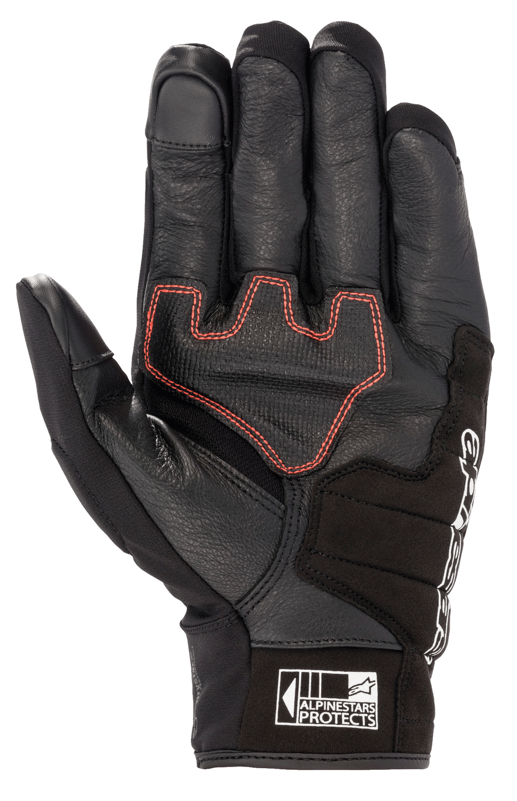 Gant Alpinestars Honda SMX Z Drystar®, gant de moto à manchette courte, noir avec surpiqûres géométriques rouge vif sur la paume, conception en cuir de chèvre avec renforts en daim, bouts de doigts compatibles avec les écrans tactiles et logo Alpinestars Protects sur la manchette