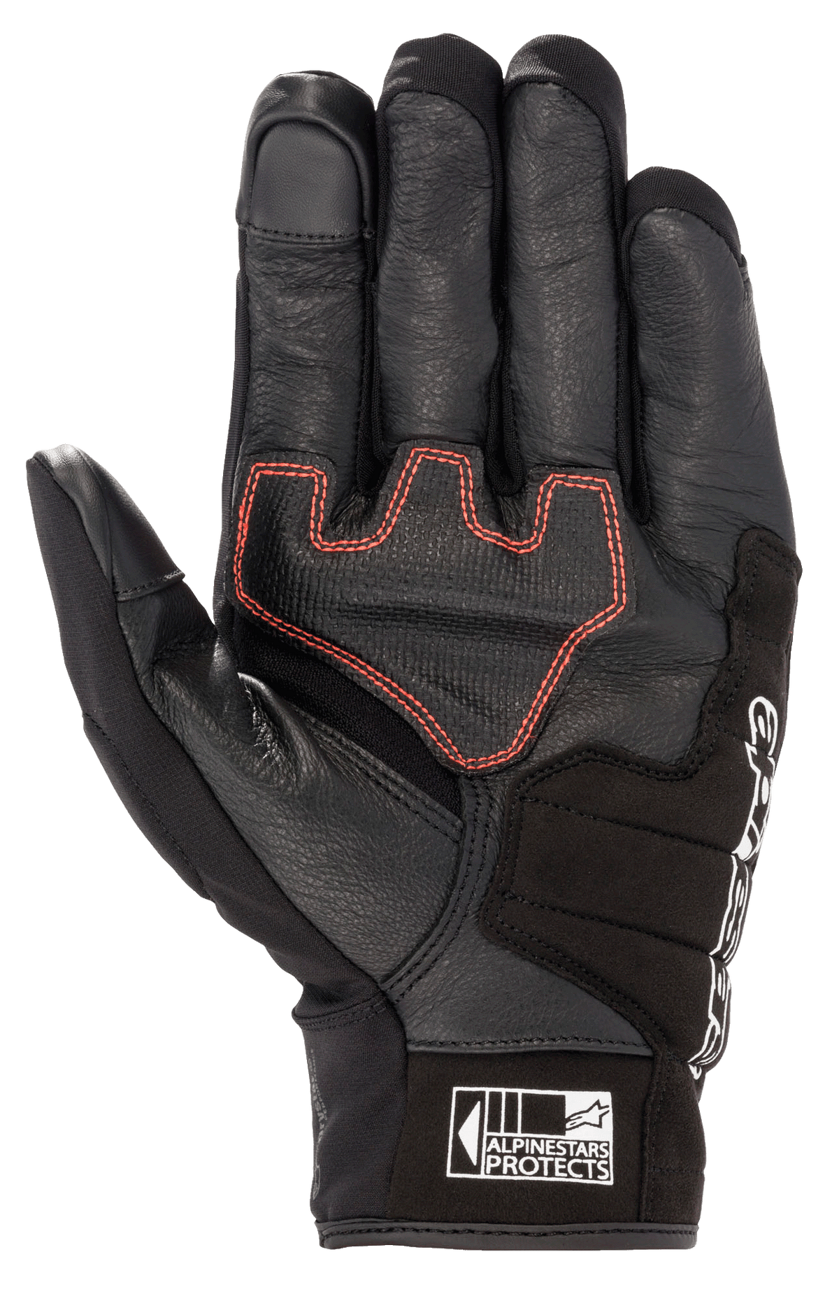 Gant Alpinestars Honda SMX Z Drystar®, gant de moto à manchette courte, noir avec surpiqûres géométriques rouge vif sur la paume, conception en cuir de chèvre avec renforts en daim, bouts de doigts compatibles avec les écrans tactiles et logo Alpinestars Protects sur la manchette
