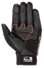 Gant Alpinestars Honda SMX Z Drystar®, gant de moto à manchette courte, noir avec surpiqûres géométriques rouge vif sur la paume, conception en cuir de chèvre avec renforts en daim, bouts de doigts compatibles avec les écrans tactiles et logo Alpinestars Protects sur la manchette