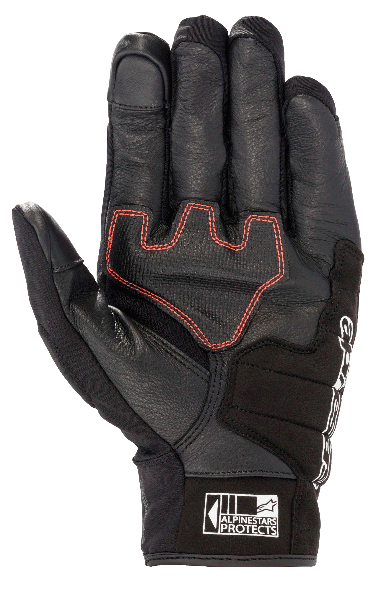 Gant Alpinestars Honda SMX Z Drystar®, gant de moto à manchette courte, noir avec surpiqûres géométriques rouge vif sur la paume, conception en cuir de chèvre avec renforts en daim, bouts de doigts compatibles avec les écrans tactiles et logo Alpinestars Protects sur la manchette