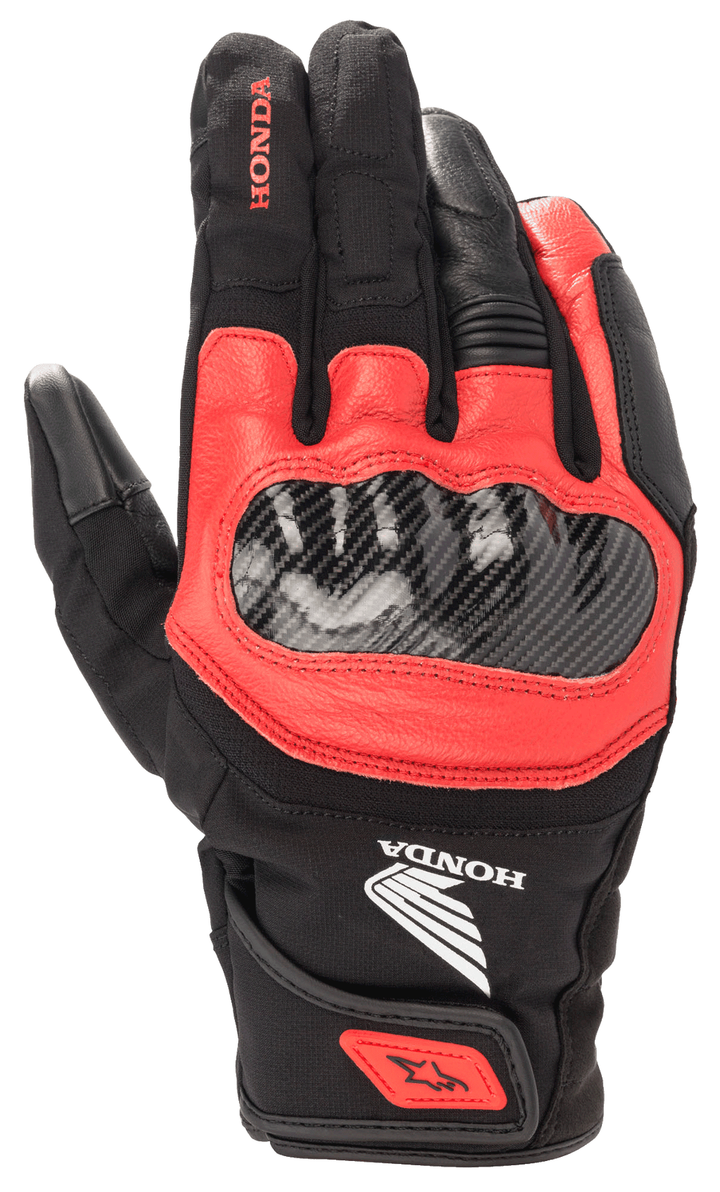 Gant Honda SMX Z Drystar®, gant de moto noir et rouge vif, protection des articulations en fibre de carbone, construction en cuir et textile, logo Honda, protection imperméable, manchette courte avec sangle de serrage au poignet