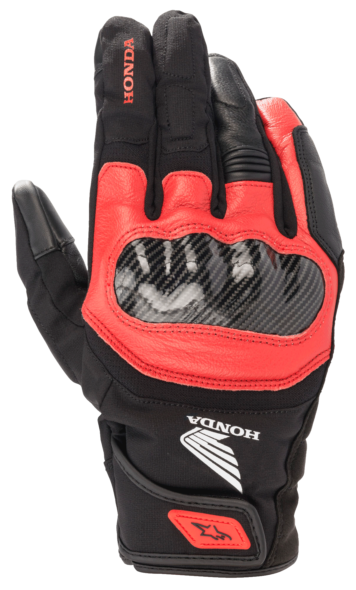 Gant Honda SMX Z Drystar®, gant de moto noir et rouge vif, protection des articulations en fibre de carbone, construction en cuir et textile, logo Honda, protection imperméable, manchette courte avec sangle de serrage au poignet