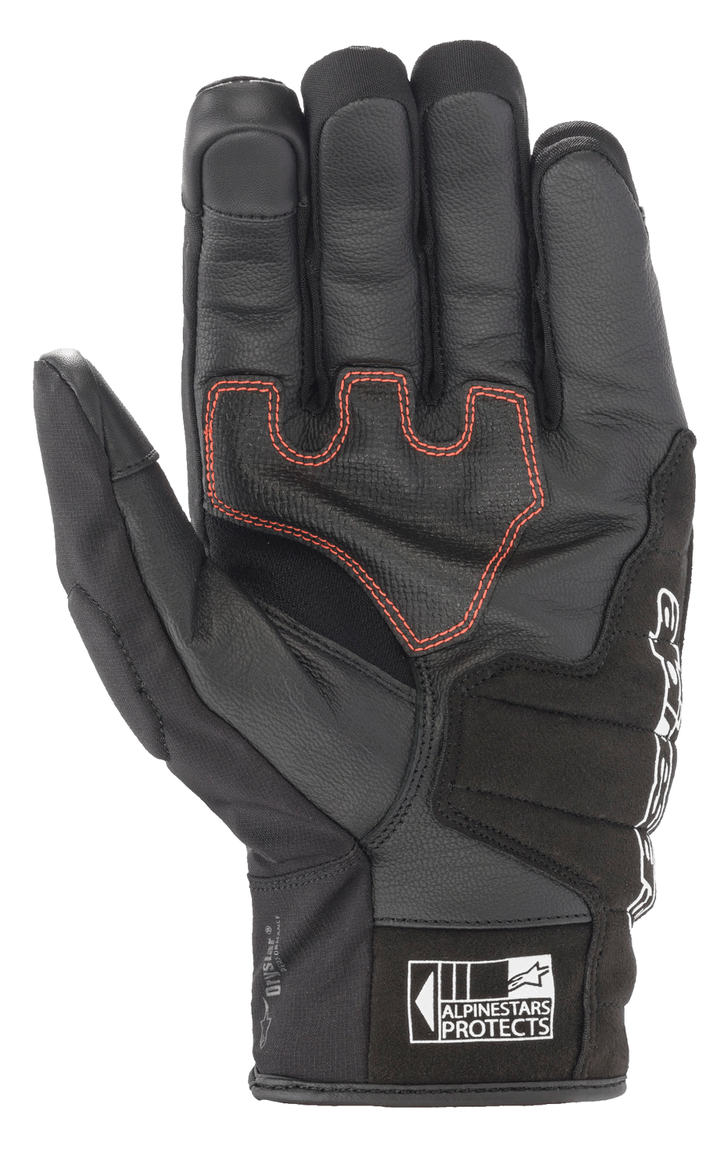 Gants Alpinestars SMX Z Drystar®, gants de moto à manchette courte, noirs avec surpiqûres contrastées rouges, vue de la paume montrant la construction en cuir et le rembourrage renforcé, avec le logo Alpinestars Protects sur la manchette.