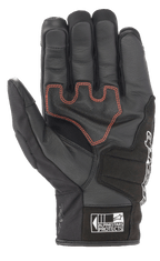 Gants Alpinestars SMX Z Drystar®, gants de moto à manchette courte, noirs avec surpiqûres contrastées rouges, vue de la paume montrant la construction en cuir et le rembourrage renforcé, avec le logo Alpinestars Protects sur la manchette.