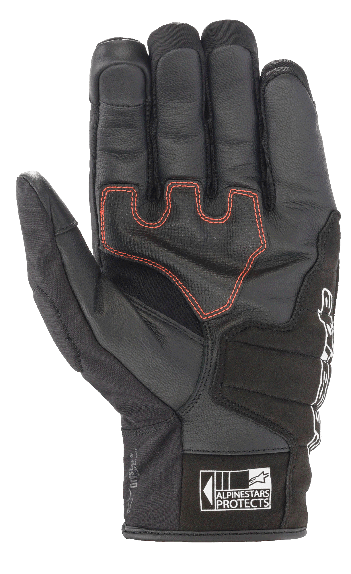 Gants Alpinestars SMX Z Drystar®, gants de moto à manchette courte, noirs avec surpiqûres contrastées rouges, vue de la paume montrant la construction en cuir et le rembourrage renforcé, avec le logo Alpinestars Protects sur la manchette.