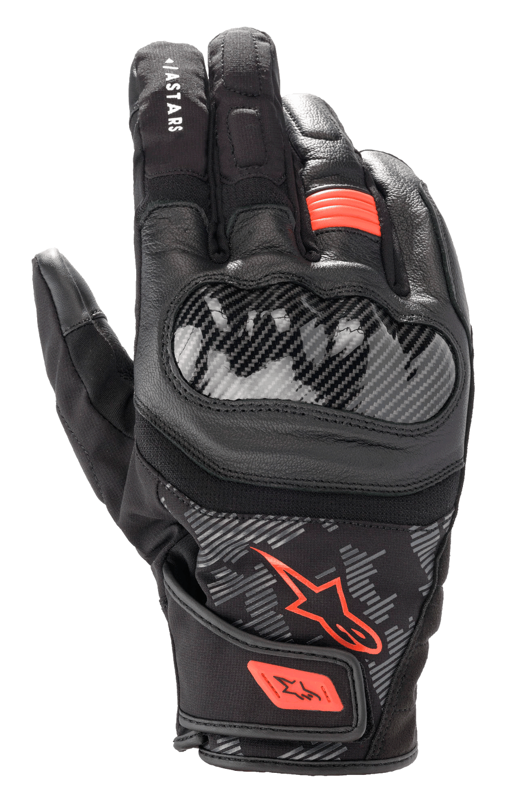 Gants Alpinestars SMX Z Drystar®, gants de moto, noir et rouge fluo, protection rigide des articulations style fibre de carbone, construction en cuir et textile, conception imperméable à manchette courte
