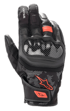 Gants Alpinestars SMX Z Drystar®, gants de moto, noir et rouge fluo, protection rigide des articulations style fibre de carbone, construction en cuir et textile, conception imperméable à manchette courte