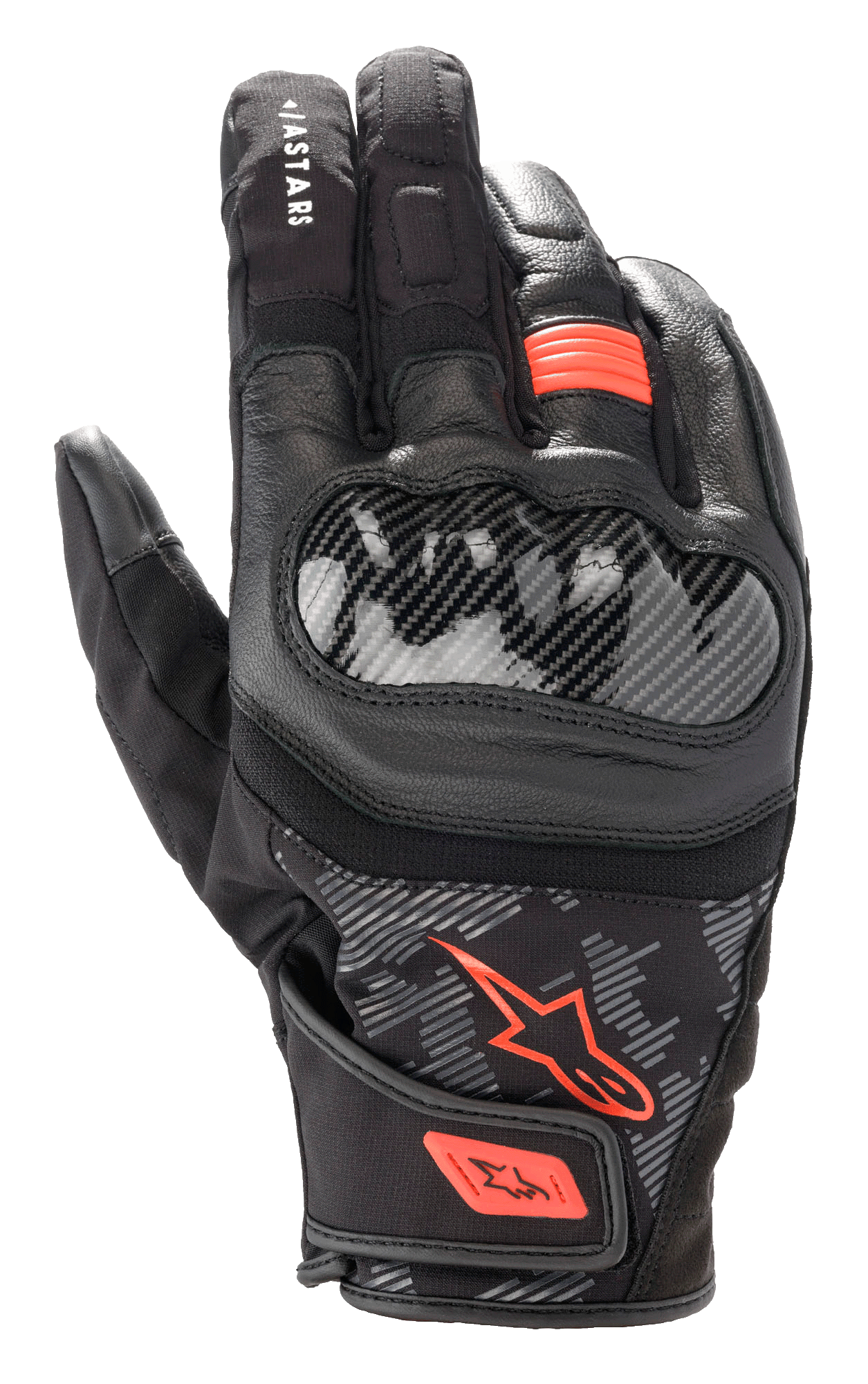 Gants Alpinestars SMX Z Drystar®, gants de moto, noir et rouge fluo, protection rigide des articulations style fibre de carbone, construction en cuir et textile, conception imperméable à manchette courte