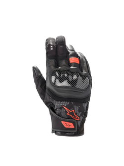 Alpinestars SMX Z Drystar® Gloves, waterproof goat leather motorcycle gloves in Black and Red Fluo with hard knuckle guards.