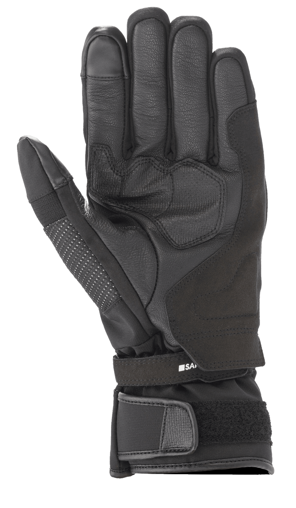 Gants Alpinestars Andes V3 Drystar®, gant de moto noir, vue de la paume avec construction en cuir de chèvre et textile, zone de la paume renforcée, sangle de poignet ajustable avec manchette velcro, design technique de touring toutes saisons