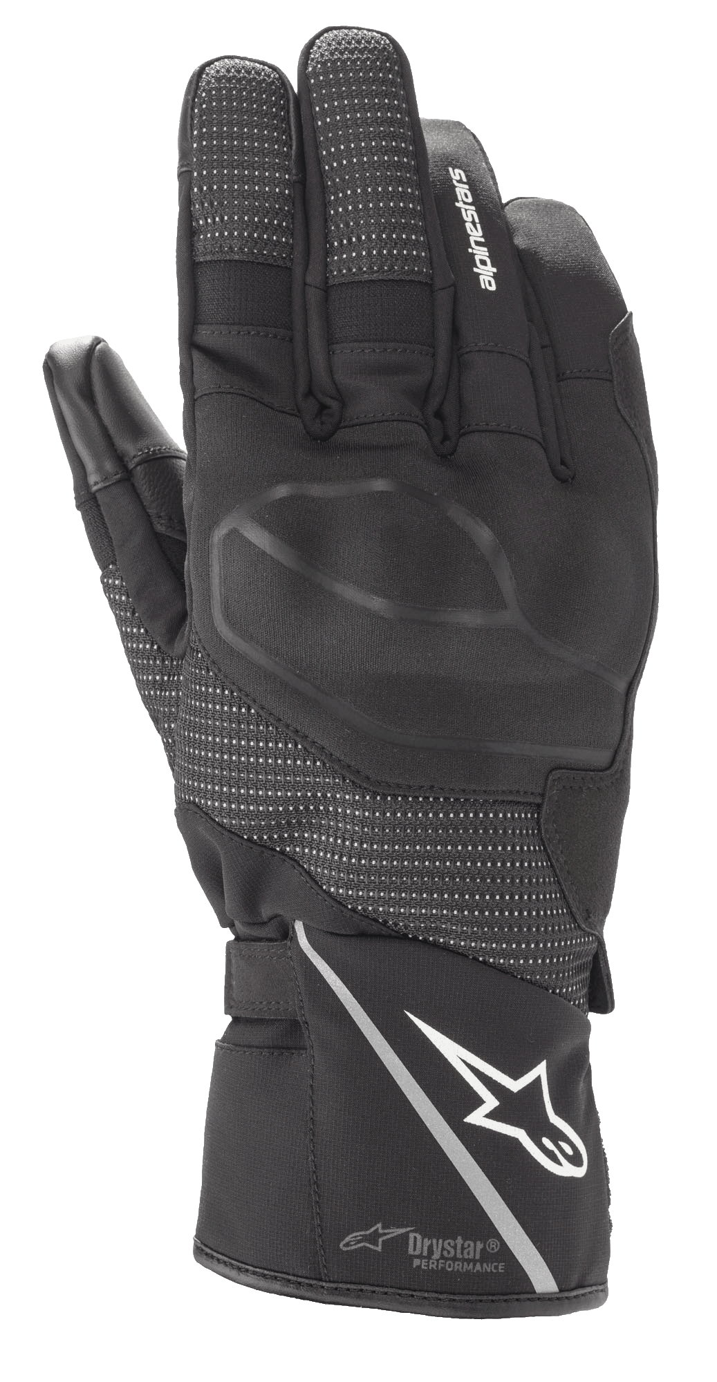 Gant Alpinestars Andes V3 Drystar, gant de moto touring noir, construction en cuir de chèvre et textile, avec protection d'articulations intégrée, logo Alpinestars blanc sur la manchette avec une bande réfléchissante, panneaux texturés sur les doigts et technologie Drystar Performance
