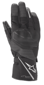 Gant Alpinestars Andes V3 Drystar, gant de moto touring noir, construction en cuir de chèvre et textile, avec protection d'articulations intégrée, logo Alpinestars blanc sur la manchette avec une bande réfléchissante, panneaux texturés sur les doigts et technologie Drystar Performance