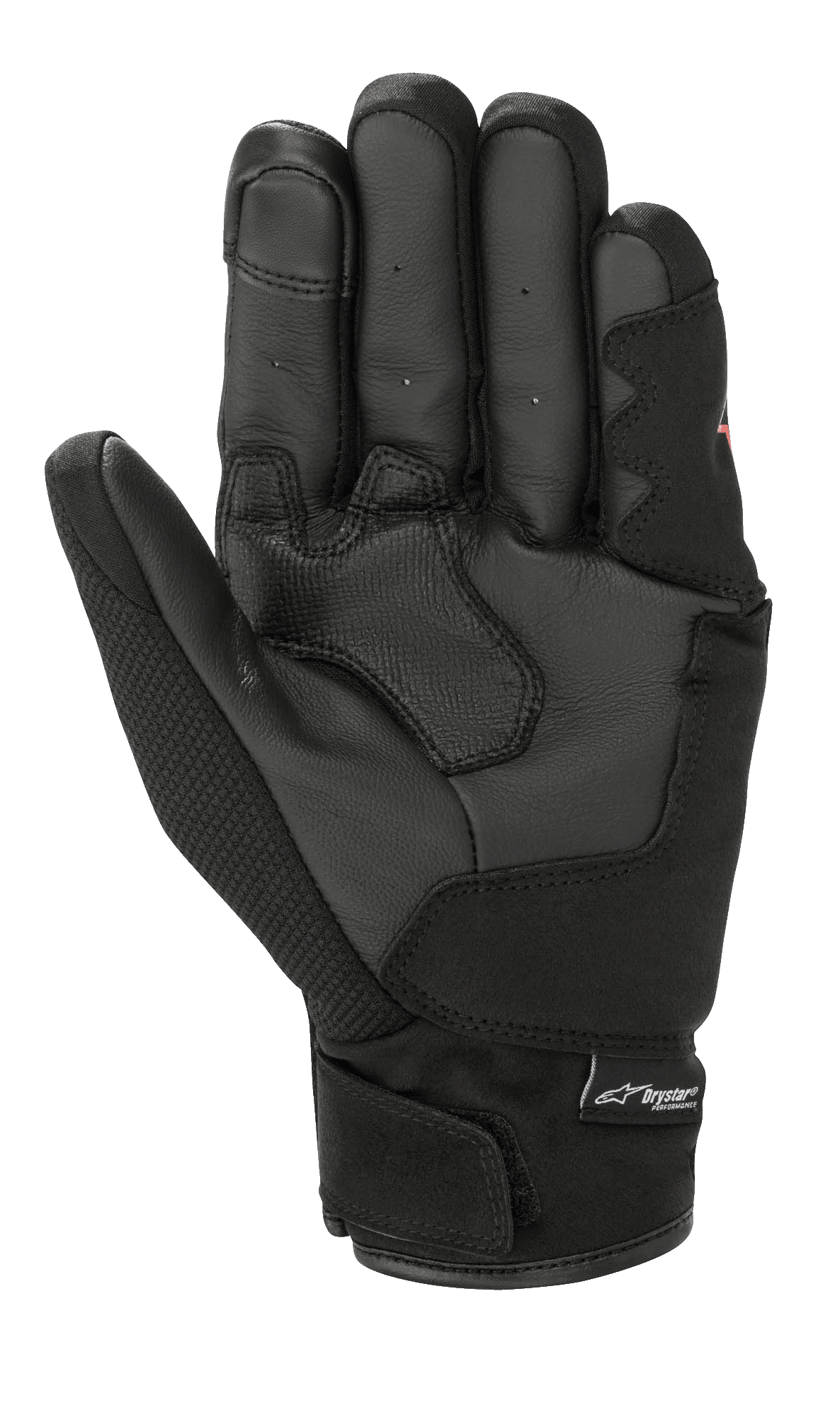 Gant Alpinestars S-Max Drystar®, gant de moto à manchette courte, noir, vue de la paume présentant une construction en cuir, des empiècements de préhension renforcés et une fermeture réglable au poignet avec logo Drystar