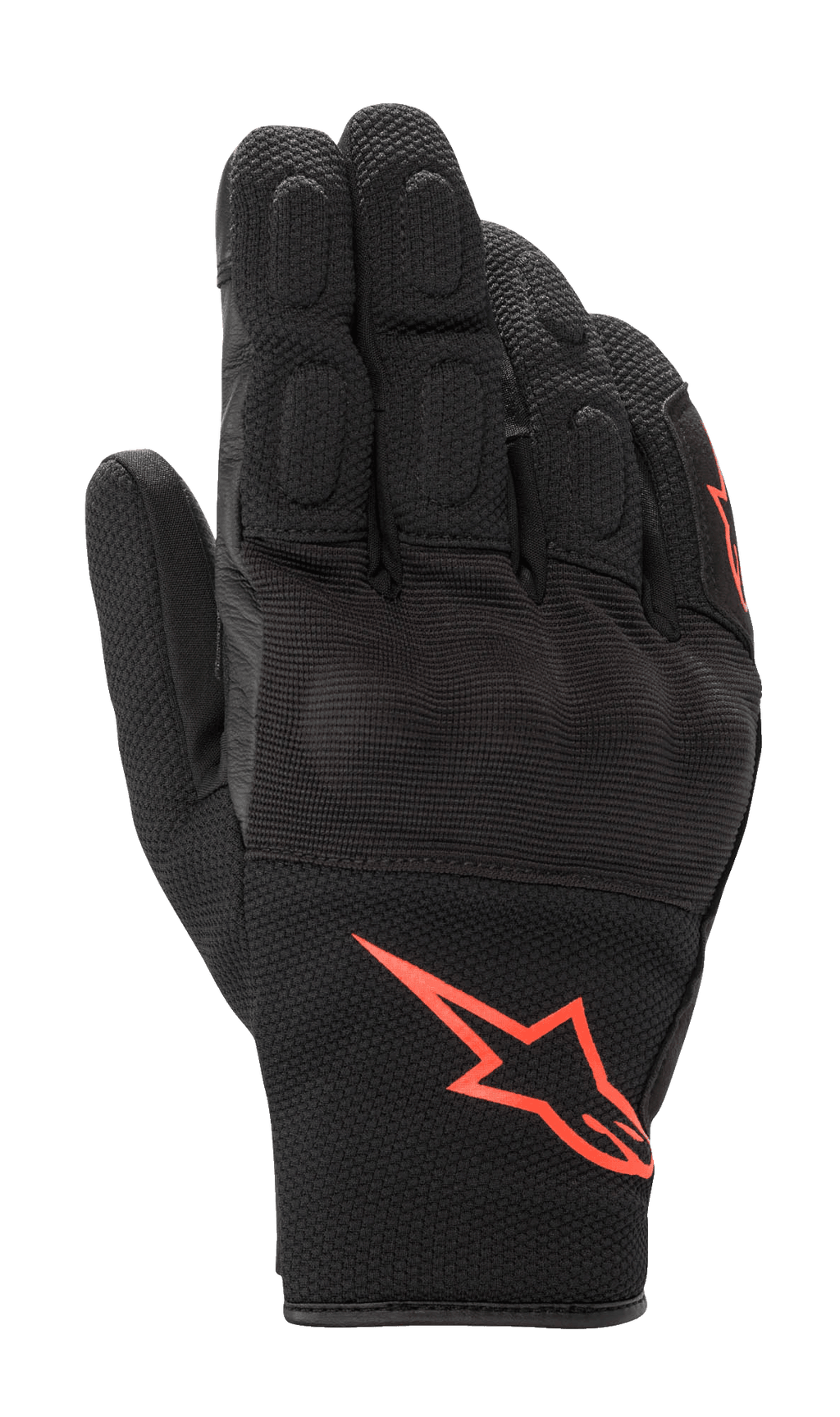 Alpinestars S-Max Drystar, gants de moto à manchette courte, noir avec logo rouge fluorescent, construction en maille extensible et cuir, protection rigide des articulations recouverte et doigts rembourrés