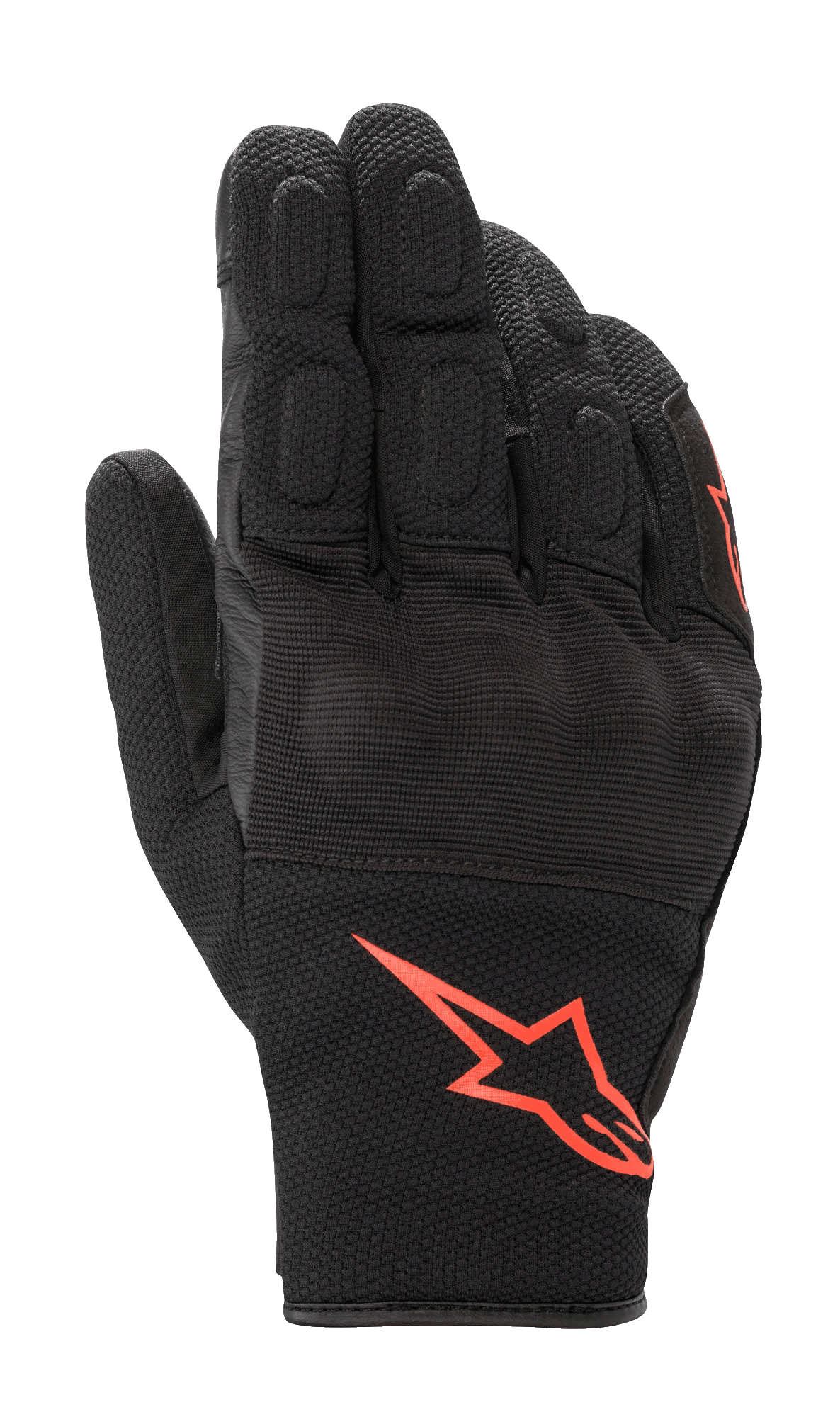Alpinestars S-Max Drystar, gants de moto à manchette courte, noir avec logo rouge fluorescent, construction en maille extensible et cuir, protection rigide des articulations recouverte et doigts rembourrés