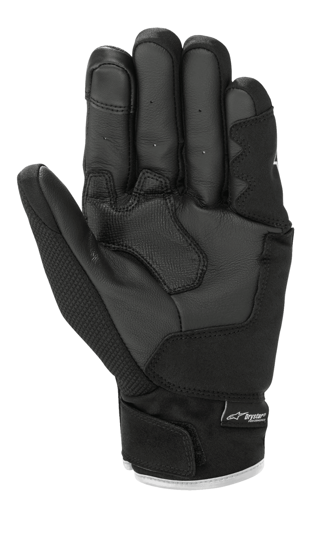 Gants Alpinestars S-Max Drystar®, gants de moto, noir et blanc, vue de la paume montrant une construction en cuir avec rembourrage renforcé, manchette courte avec fermeture auto-agrippante et marquage Drystar®