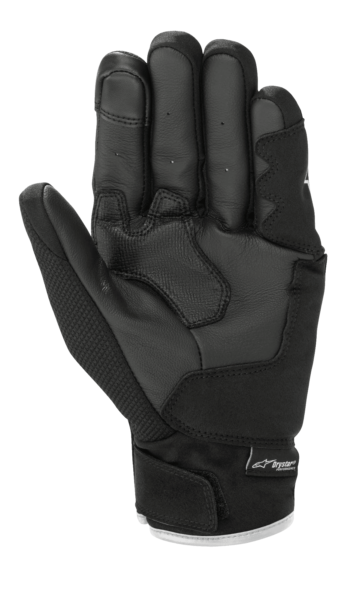Gants Alpinestars S-Max Drystar®, gants de moto, noir et blanc, vue de la paume montrant une construction en cuir avec rembourrage renforcé, manchette courte avec fermeture auto-agrippante et marquage Drystar®
