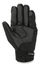 Gants Alpinestars S-Max Drystar®, gants de moto, noir et blanc, vue de la paume montrant une construction en cuir avec rembourrage renforcé, manchette courte avec fermeture auto-agrippante et marquage Drystar®