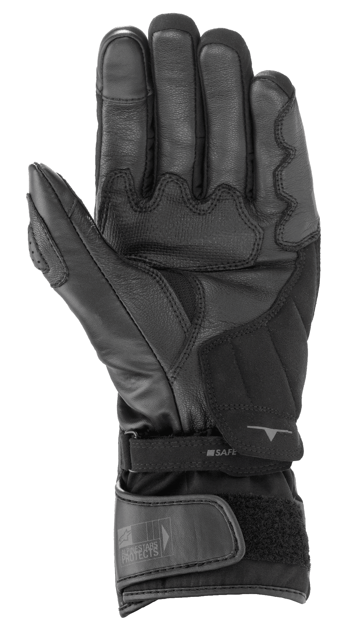 Gants Alpinestars SP-365 Drystar®, noir et gris anthracite, vue de la paume montrant la construction en cuir renforcé et suède synthétique, gants de moto imperméables haute performance avec fermeture réglable au poignet