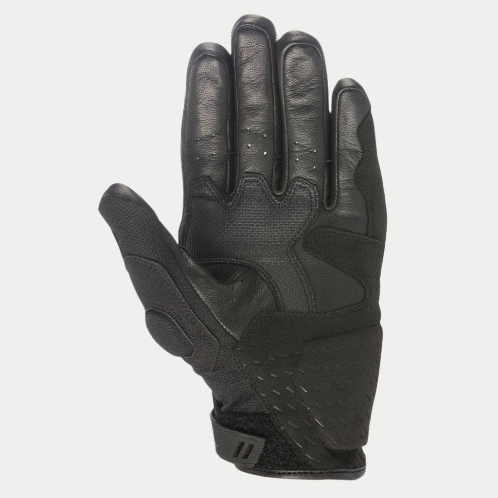 Gants Alpinestars C-30 Drystar®, Noir, vue de la paume montrant des renforts en suède synthétique avec rembourrage en mousse, des zones d'adhérence avec revêtement PU sur le pouce et la paume, et une sangle de poignet auto-agrippante réglable, gants de moto imperméables