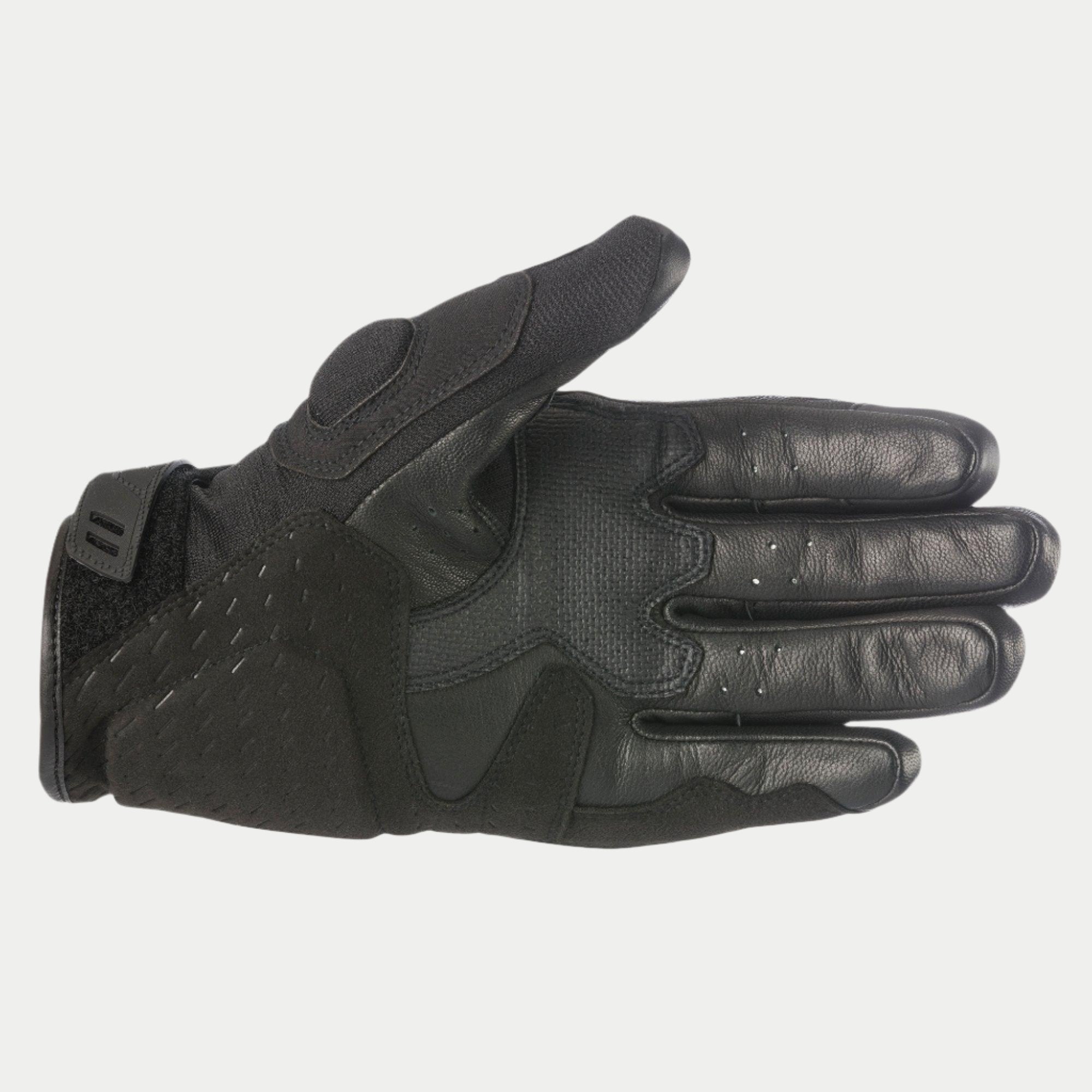 Gants Alpinestars C-30 Drystar®, Noir, vue de la paume montrant des renforts en suède synthétique avec rembourrage en mousse, des zones d'adhérence avec revêtement PU sur le pouce et la paume, et une sangle de poignet auto-agrippante réglable, gants de moto imperméables