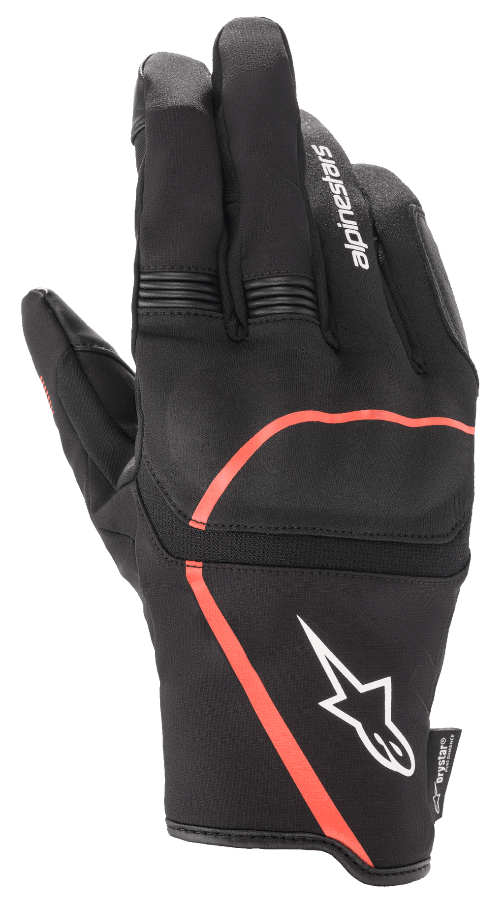 Gants Alpinestars Syncro V2 Drystar®, gants de moto urbains, noir avec accents rouge fluo, dotés d'une protection flexible des articulations, logo Alpinestars blanc sur la manchette et panneaux extensibles en accordéon sur les doigts, conception imperméable et respirante.