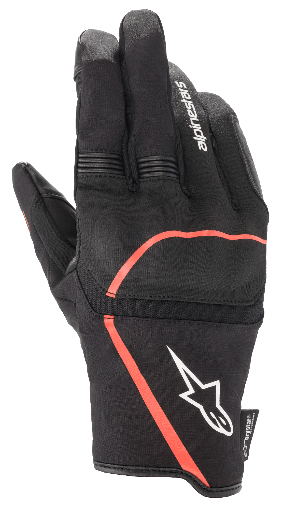 Gants Alpinestars Syncro V2 Drystar®, gants de moto urbains, noir avec accents rouge fluo, dotés d'une protection flexible des articulations, logo Alpinestars blanc sur la manchette et panneaux extensibles en accordéon sur les doigts, conception imperméable et respirante.