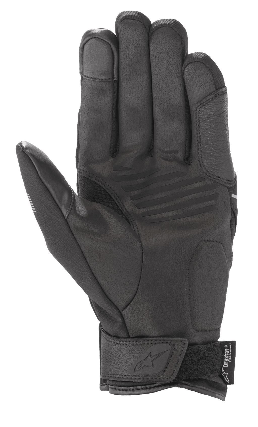 Gants Alpinestars Syncro V2 Drystar®, gants de moto urbains, noir et gris moyen, vue de la paume avec construction en daim synthétique, renforts rembourrés, bout du doigt compatible avec les écrans tactiles et sangle velcro au poignet avec logo Alpinestars