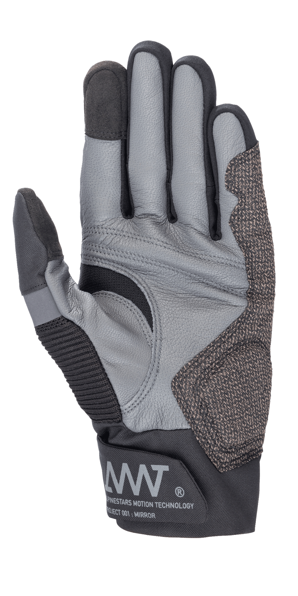 Alpinestars AMT-10 Air HDry® Gloves, Black and Gray, palm view highlighting goat leather construction, ergonomic grip pattern, and technical stretch inserts, featuring AMT branding on the cuff