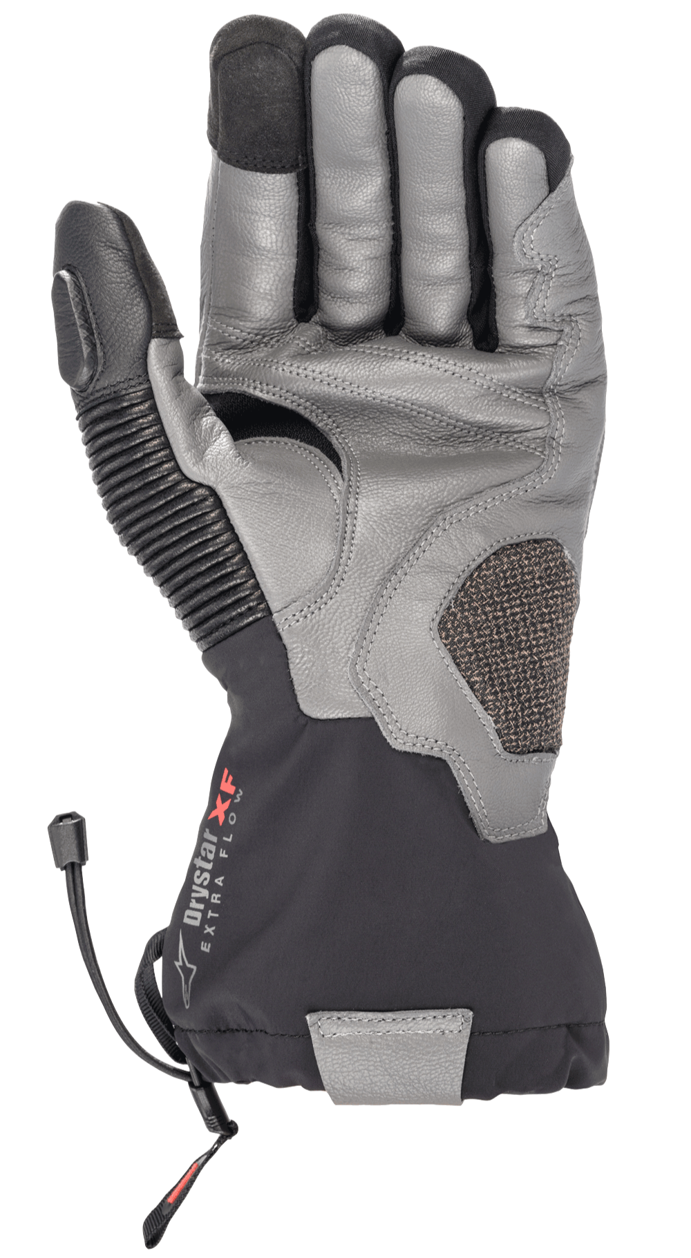 Gants d'hiver Alpinestars Amt-10 Drystar® XF, gants de moto touring, noir et gris foncé, vue de la paume en cuir de chèvre texturé, manchette longue imperméable avec logo Drystar XF, panneau de pouce en cuir accordéon et paume renforcée pour l'aventure et la conduite sur route.