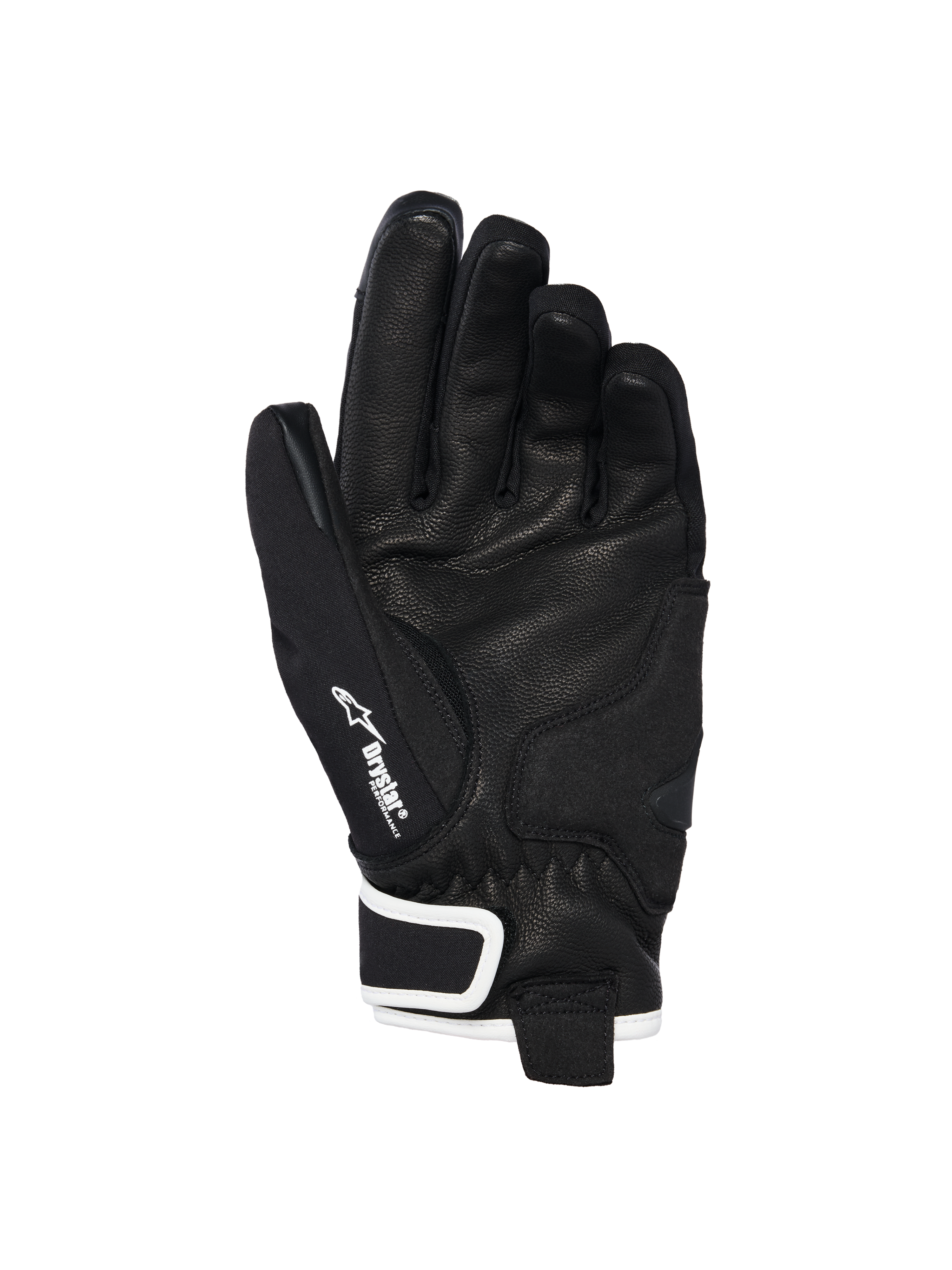 Alpinestars Stella Moblast Waterproof Gloves, palm view, Black with White accents, featuring goat leather palm, Alpinestars logo and Drystar branding on the thumb, short-cuff motorcycle gloves for women