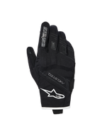 Alpinestars Stella Moblast Waterproof Gloves, Women's Motorcycle Gloves, Black with white trim, backhand view showing Alpinestars logo, MO.ST.EQ branding, and soft knuckle protection.