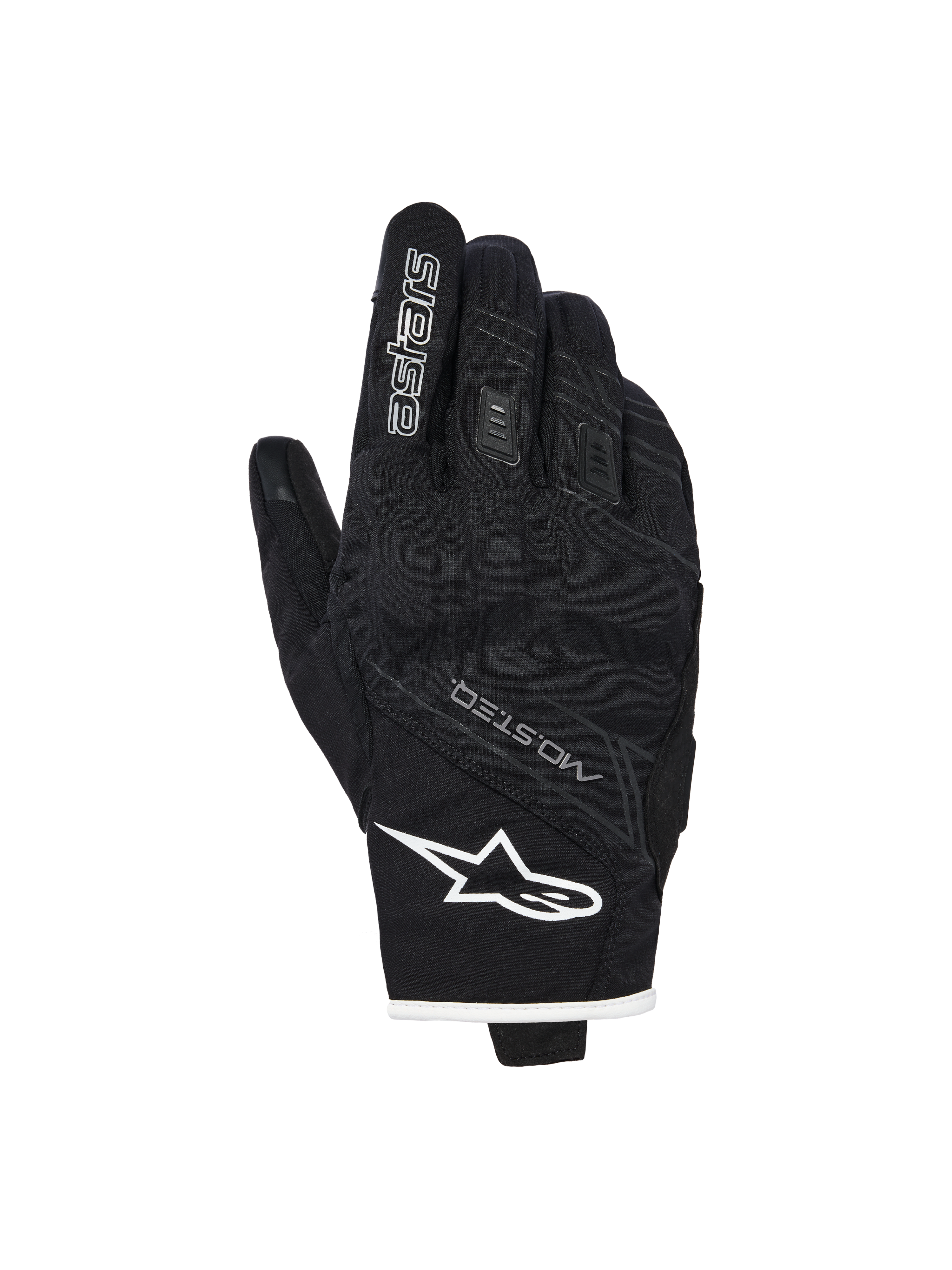 Alpinestars Stella Moblast Waterproof Gloves, Women's Motorcycle Gloves, Black with white trim, backhand view showing Alpinestars logo, MO.ST.EQ branding, and soft knuckle protection.