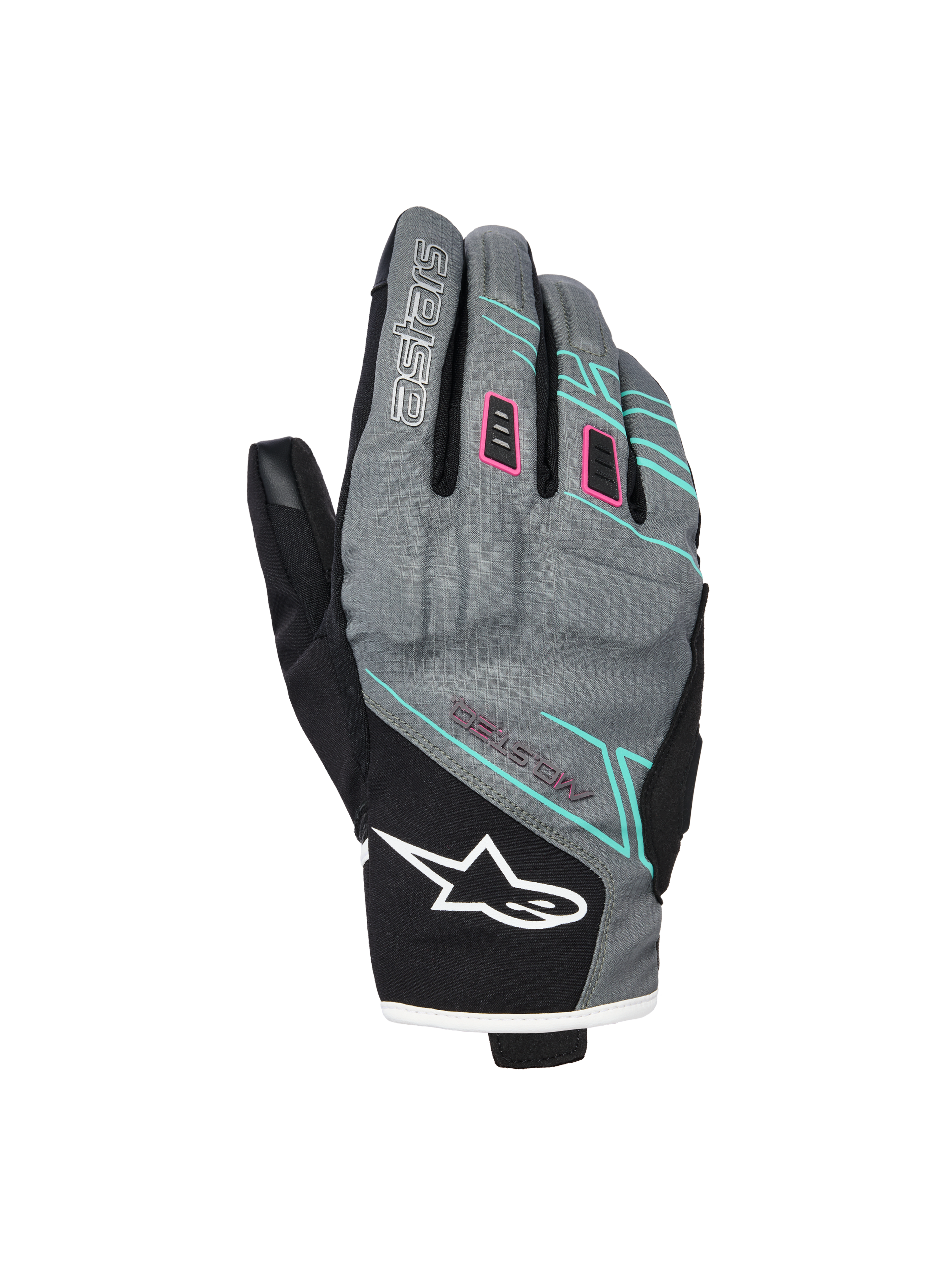 Alpinestars Stella Moblast Waterproof Gloves, Women's Motorcycle Gloves, Fur Gray and Black with Pink and Turquoise Accents, short-cuff design featuring MO.ST.EQ. branding, textile construction with protective knuckle padding and white Alpinestars logo