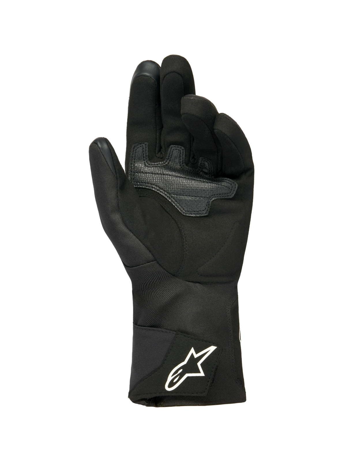 Gants Femme Alpinestars Stella WT-1 Drystar® Thermiques, Noir, vue de la paume en daim doux avec renfort pour l'adhérence, manchette longue en textile avec logo Alpinestars blanc sur la sangle, bouts de doigts compatibles avec les écrans tactiles, équipement moto technique pour l'hiver