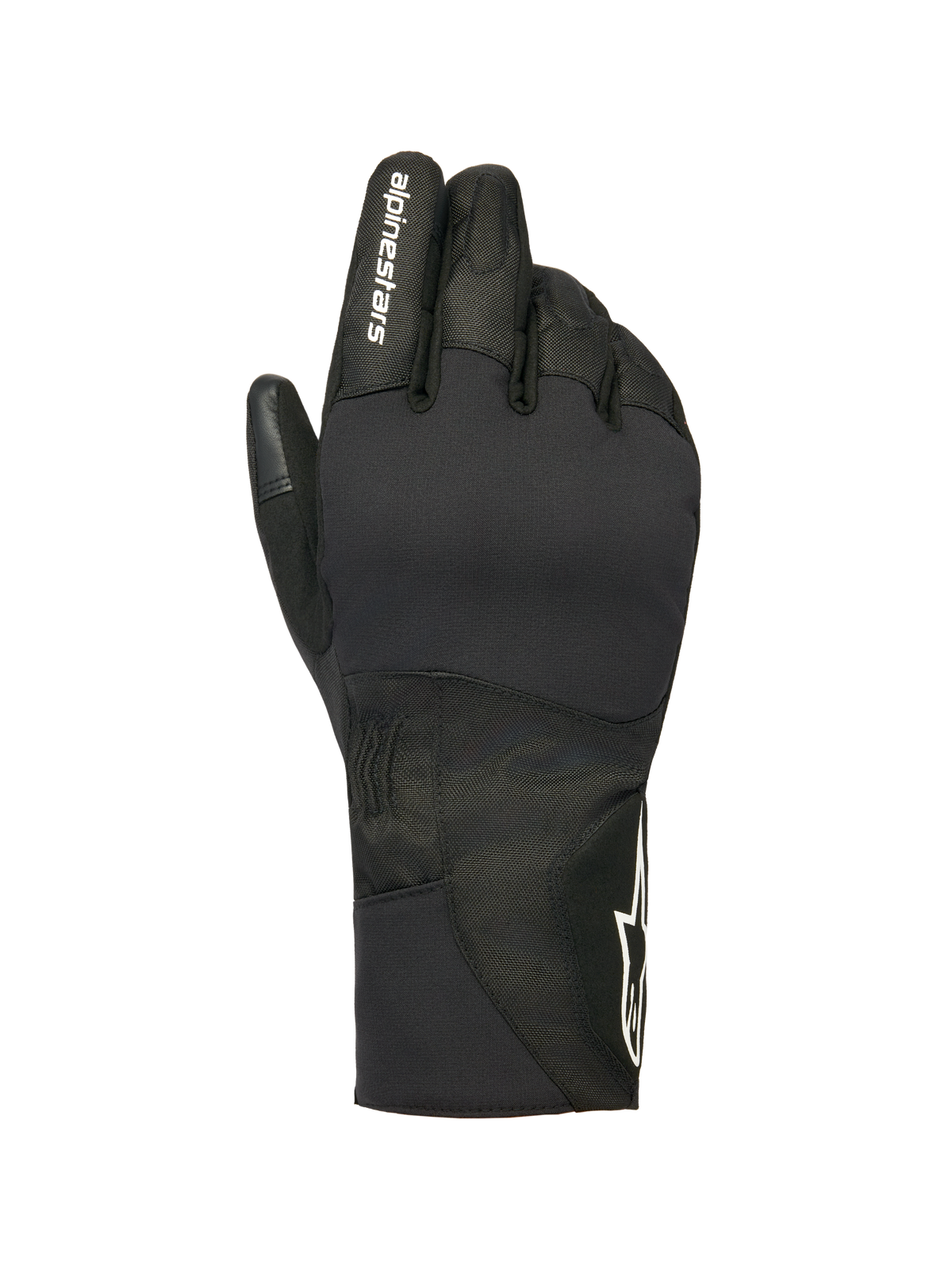 Gants Alpinestars Stella WT-1 Drystar Insulated, gants de moto d'hiver pour femme, noirs, marquage Alpinestars blanc sur l'index et logo étoile sur la manchette, construction en textile imperméable et suède pour les trajets quotidiens par temps froid