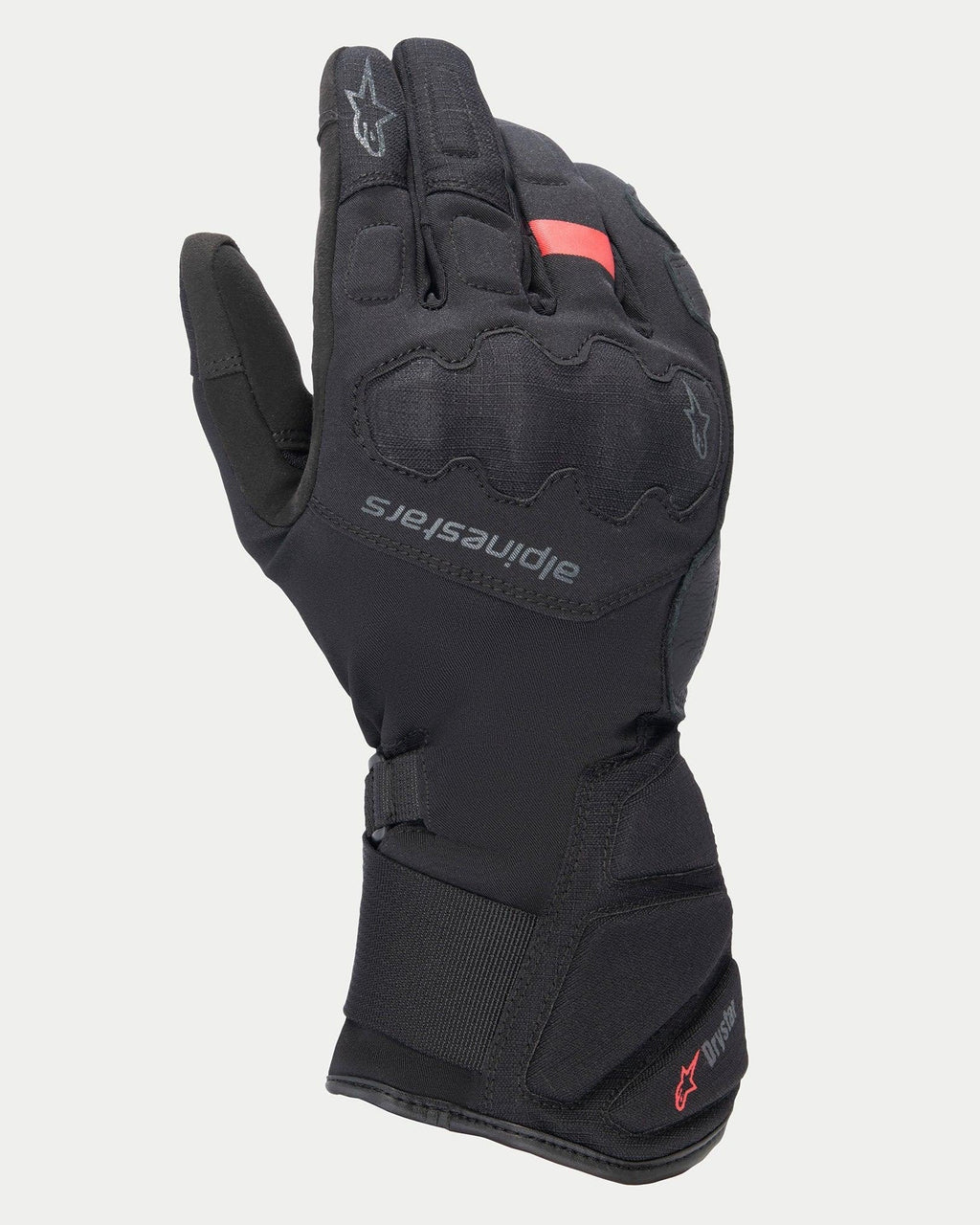 Gants Alpinestars Stella Tourer W-7 V2 Drystar® pour femme, gants de moto de touring d'hiver noirs, conception à manchette longue avec protection des articulations intégrée, dotés de panneaux en textile et en cuir avec logo Drystar rouge et accents réfléchissants.