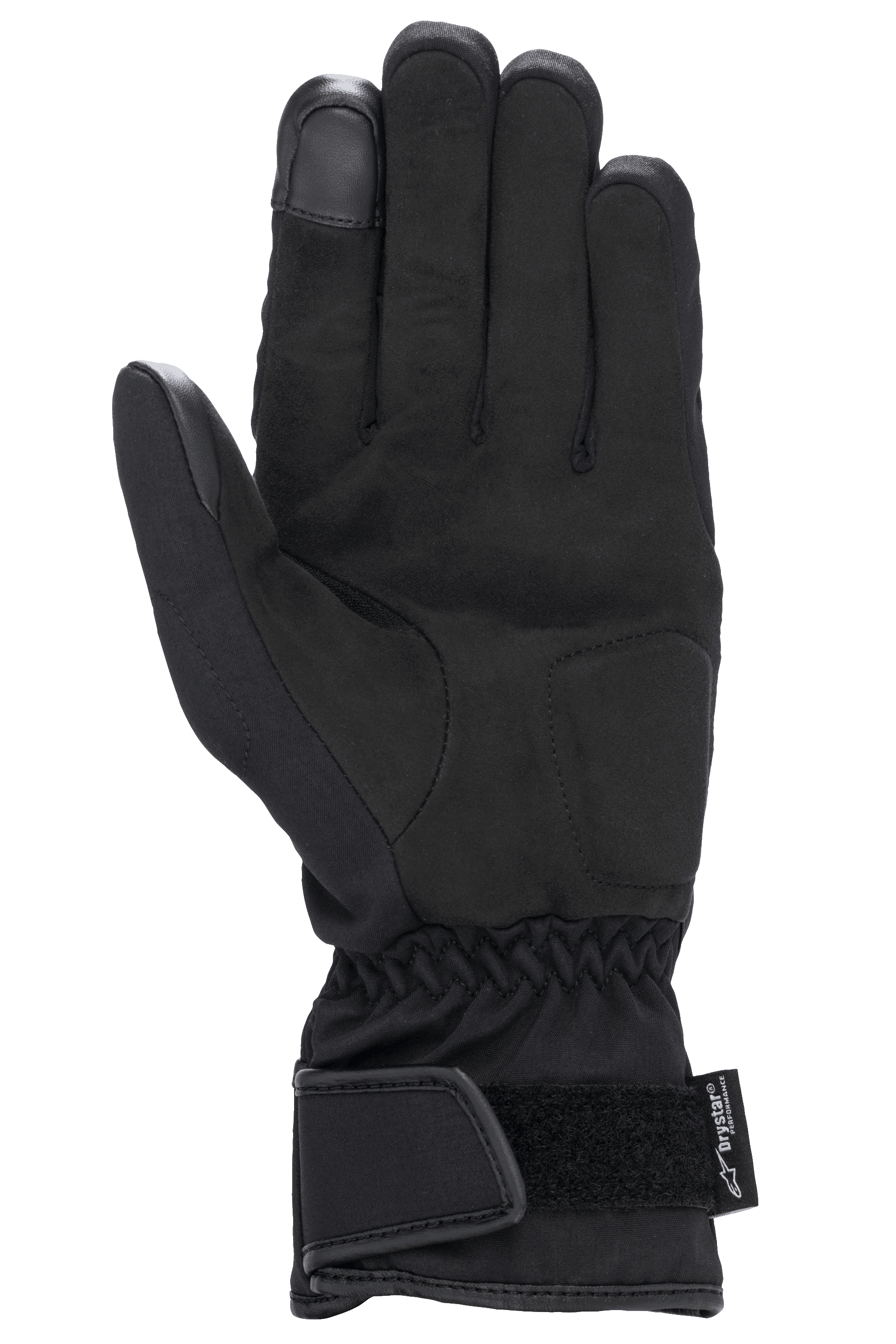 Gants Alpinestars Stella SR-3 V2 Drystar® pour femme, noirs, vue de la paume montrant les renforts en cuir synthétique, bout de l'index compatible avec les écrans tactiles, poignet élastiqué et manchette avec sangle Velcro réglable et logo Drystar.