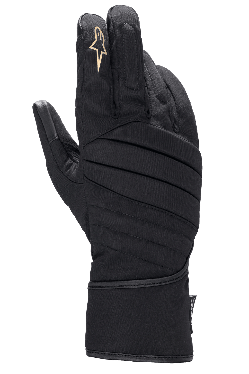 Gants Alpinestars Stella SR-3 V2 Drystar, gants de moto pour femme, noirs, vue du dos avec surpiqûres diagonales rembourrées, logo étoile blanc sur l'index et manchette longue de type gantelet pour une protection toutes saisons.