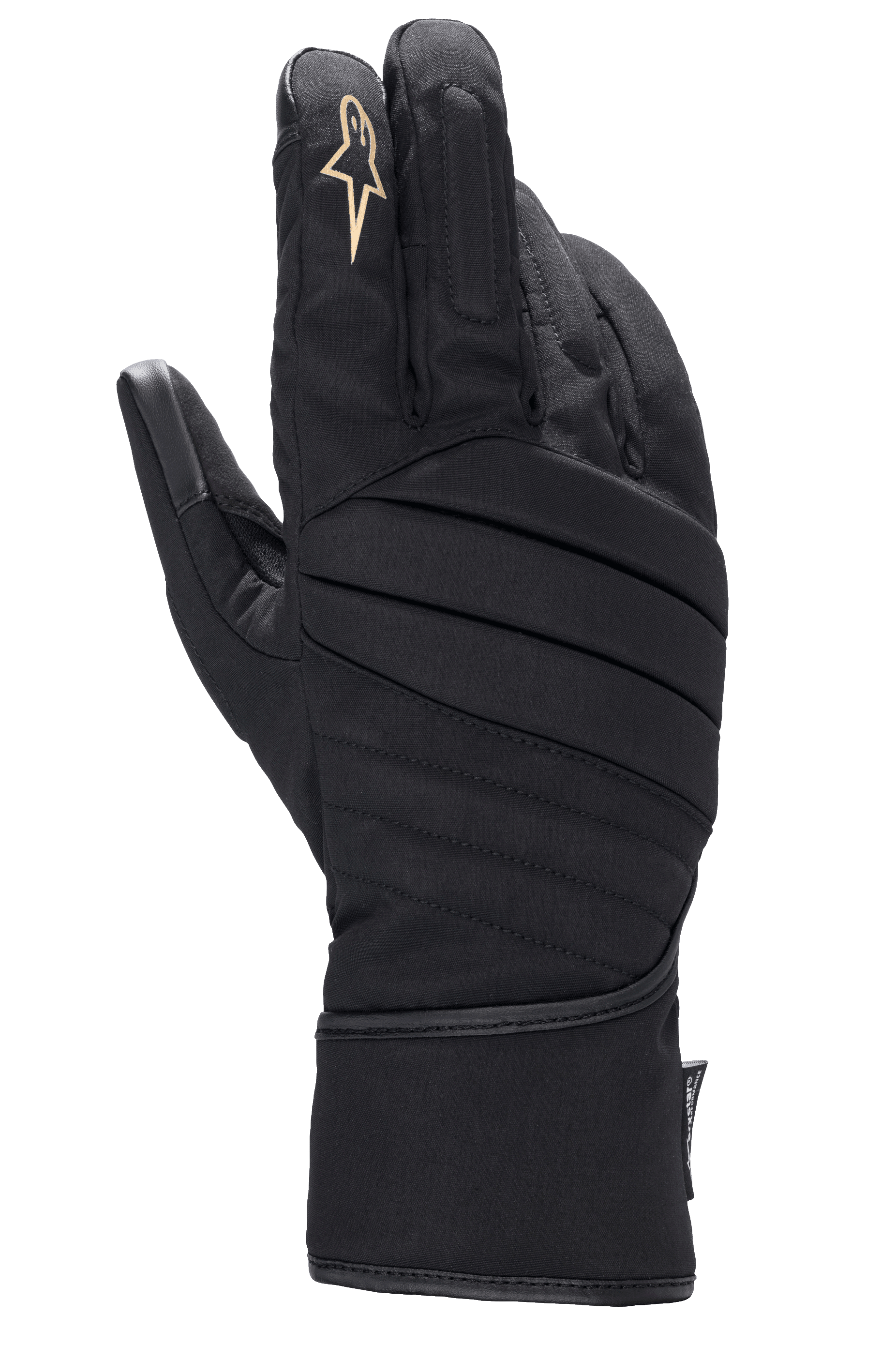 Gants Alpinestars Stella SR-3 V2 Drystar, gants de moto pour femme, noirs, vue du dos avec surpiqûres diagonales rembourrées, logo étoile blanc sur l'index et manchette longue de type gantelet pour une protection toutes saisons.