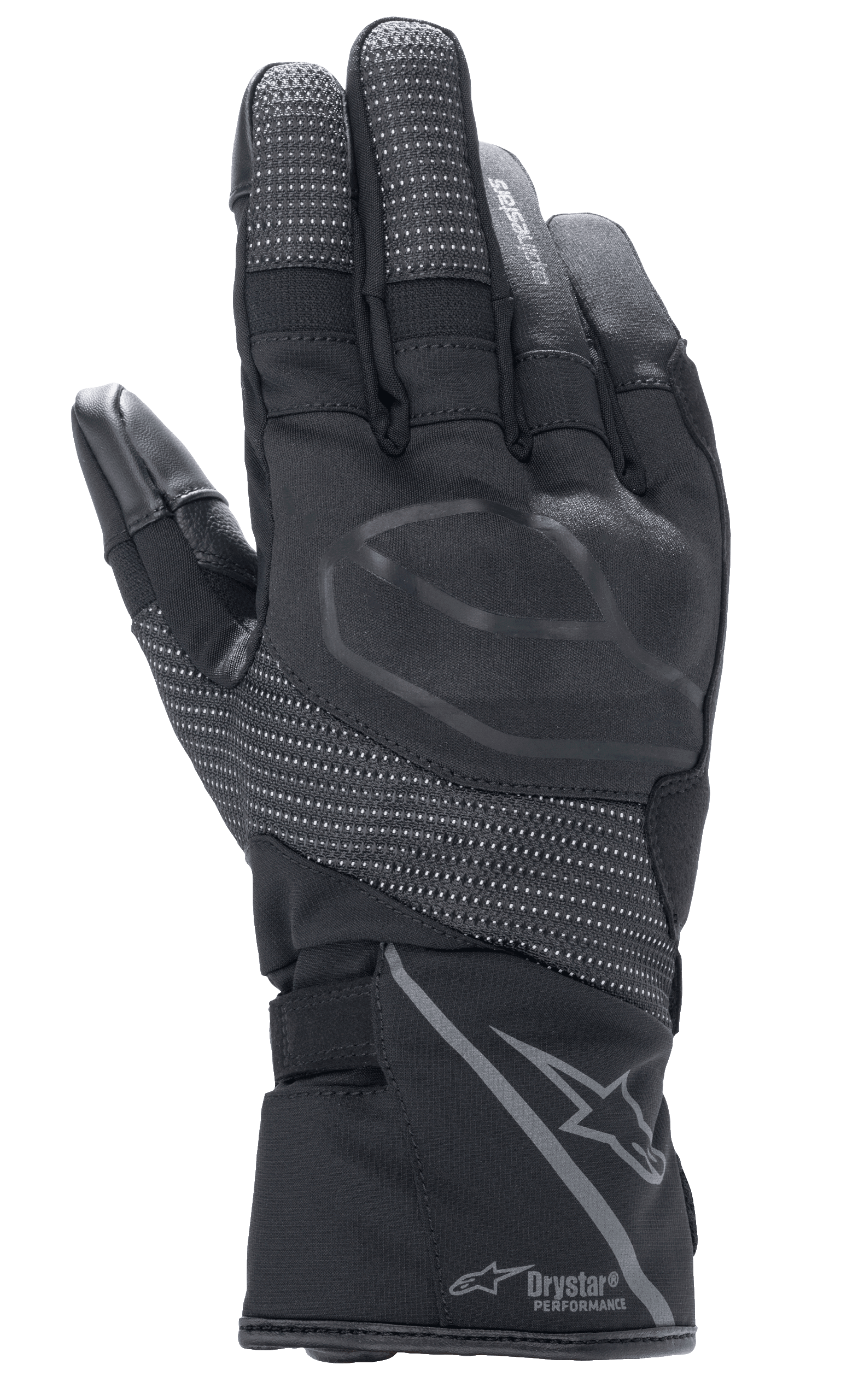 Alpinestars Women Stella Andes V3 Drystar Gloves, Black Anthracite, backhand view showing integrated knuckle armor, reflective ripstop panels, Alpinestars logo and Drystar Performance branding on the cuff, adventure touring motorcycle gear