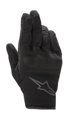 Alpinestars S-Max Women's Gloves, Motorcycle Gloves, Black Anthracite, short-cuff design with leather and stretch mesh construction, featuring hard knuckle protection and a gray Alpinestars logo on the wrist, waterproof protective gear for road riding